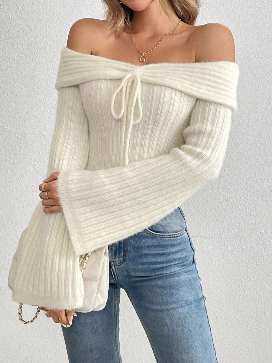 Chiquease 1件装 女士露肩蝴蝶结套头毛衣针织衫 秋冬款 - 杏色 - 查看 1