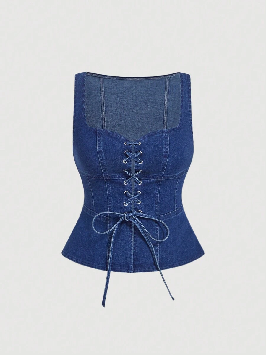 SHEIN MOD 1 件女式牛仔衬衫，甜美合身弹力宽肩带设计，蓝色 - 深色水洗藍 - 查看 1