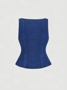 SHEIN MOD 1 件女式牛仔衬衫，甜美合身弹力宽肩带设计，蓝色 - 深色水洗藍 - 查看 2