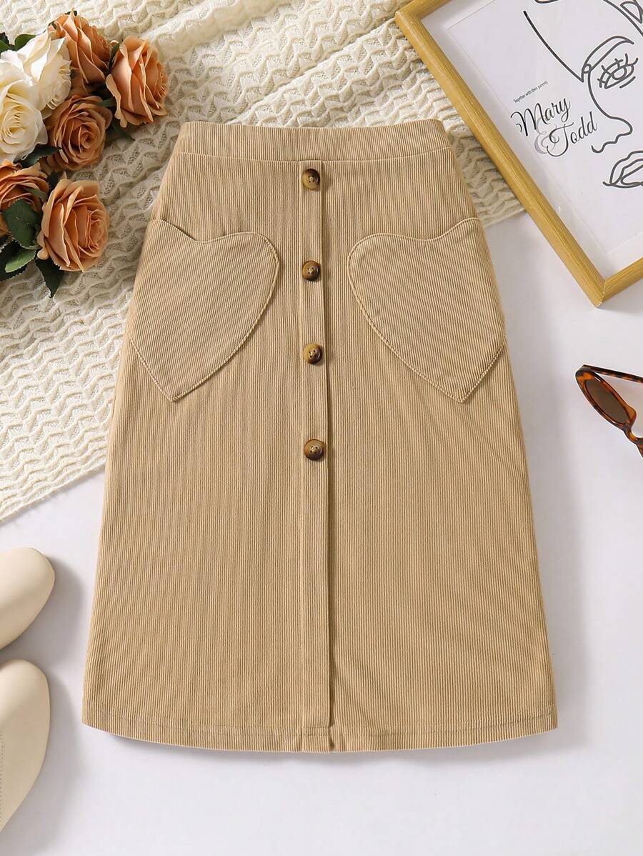 SHEIN Vintaside Kids Girls' Casual Corduroy Heart Pocket Mid-Length Fitted Skirt - Khaki - View 1