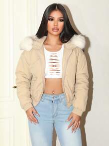 Zolique Women Front Zip Long Sleeve Minimalist Hooded Padded Padded Coat With Fur Collar, Casual For Daily Wear, Winter Clothes - Khaki - View 5