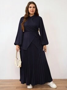 Mulvari Bộ 2 món cỡ lớn: Áo tay loe buộc nơ và chân váy xếp ly 2 món - Màu tím - Xem 3