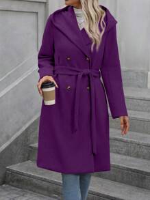 SHEIN Clasi Women Regular Casual Commuter Fashion Business Belt Waist Hooded Long Sleeve Regular Coat - Purple - View 6