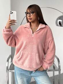 CovetEZ Plus Size Women's Solid Color Drop Shoulder Long Sleeve Fleece Full Zip High Neck Sweatshirt, Autumn/Winter - Dusty Pink - View 5