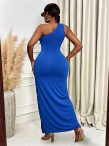 Maweii Vestido largo ceñido elástico con abertura alta y hombros oblicuos para mujer de talla grande - azul real - Ver 2
