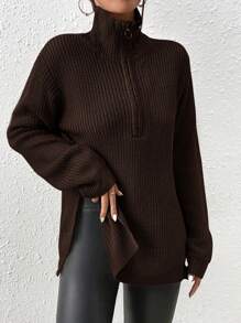 SHEIN Frenchy Half Zip Ribbed Knit Drop Shoulder Split Hem Grain Sweater - Chocolate Brown - View 7