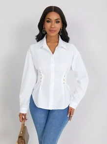 Lyxana Women Solid Color Long Sleeve Fitted Shirt, Minimalist Style, Suitable For Commuting, Autumn