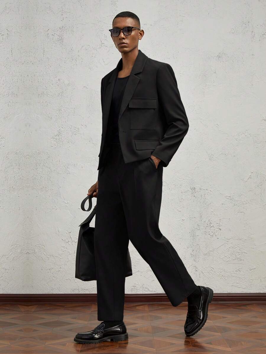 AKNOTIC Formal 2 件套男士休闲梭织宽松直筒西装套装，包括前扣夹克和带口袋的锥形裤，蓝色 - 黑色 - 查看 1