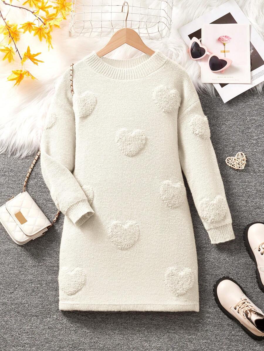 Tween Girl Jacquard Heart Pattern Loose Fit Casual Midi Dress For Early Winter, Versatile Layering Piece