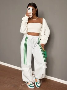 Slaydiva Women's Casual Drawstring Waist Color Block Pockets Wide Leg Pants, Winter