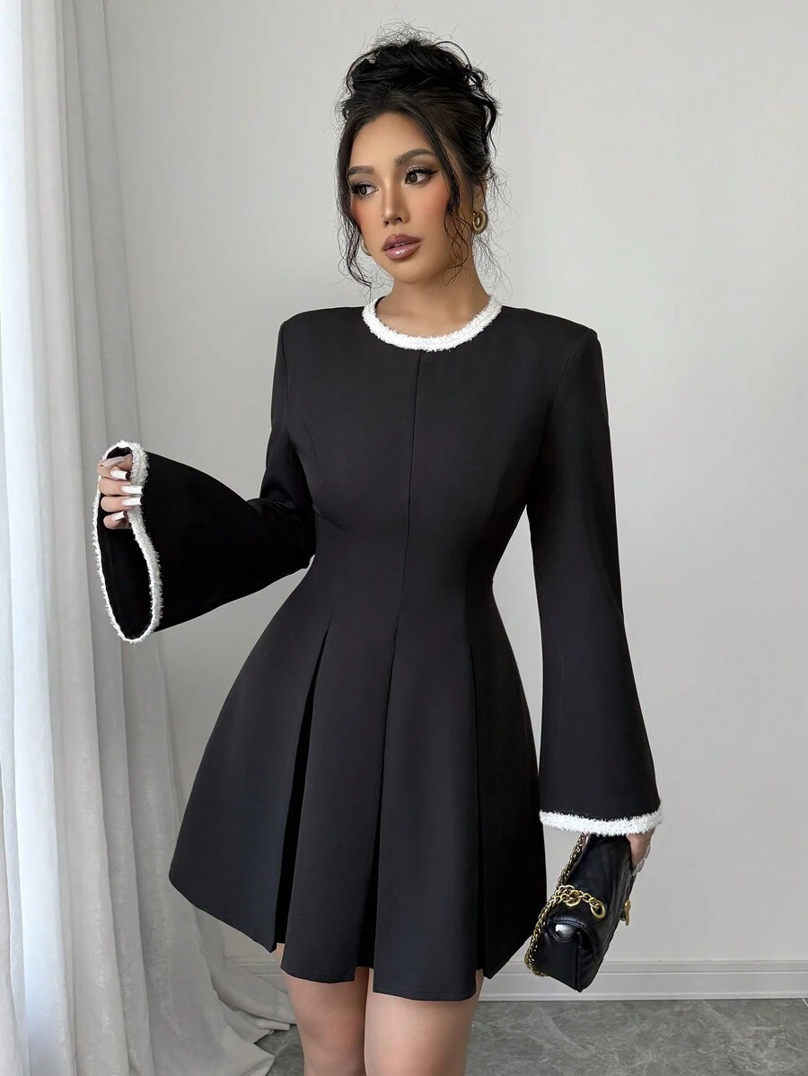 Elenzga Elegant Long Sleeve Dress With Decorative Collar Fall Cloth For Women