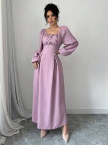 Modelyn 女士优雅长裙，方领，灯笼袖，褶皱，后系带，纯色，适合秋季长款女装长款晚礼服，女士秋季服装 - 淺灰紫 - 查看 7