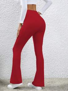 SHEIN LUNE Women Elegant Solid Color Slim Fit Flare Pants For New Year Clothes - Red - View 2