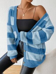 Chiquease Áo len cardigan dệt kim kẻ sọc giả lông chồn cashmere mới cho nữ, mùa thu/đông - Màu xanh lam - Xem 3
