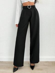 RueChic Women Solid Color High Waist Straight Pants With Belt Detail - Black - View 5