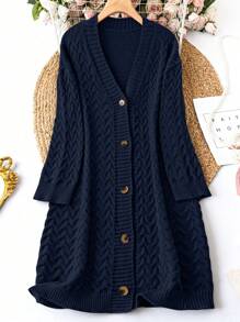 SHEIN LUNE 大码女式休闲纯色落肩宽松粗针织开衫，适合冬季 - 藏蓝色 - 查看 4