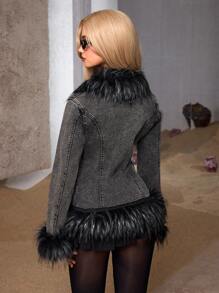 SHEIN ICON 女士秋冬拼布蓬松纽扣装饰长袖时尚牛仔夹克