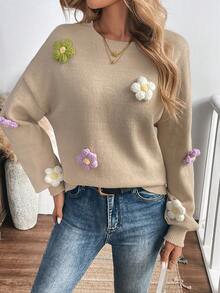 SHEIN LUNE Áo len cổ tròn trang trí hoa 3D thủ công - Màu be - Xem 3