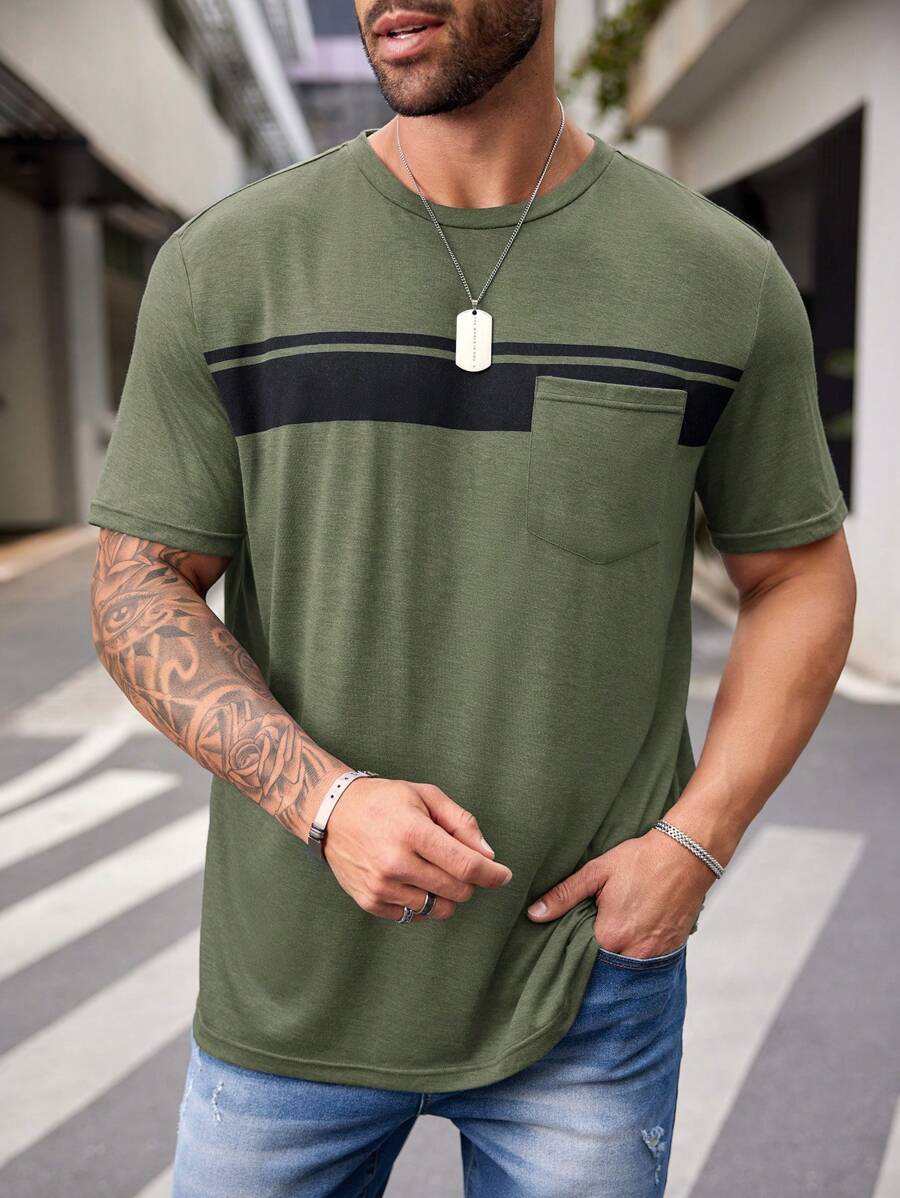 Manfinity Homme Áo thun tay ngắn dệt kim vừa vặn cho nam cỡ lớn - Màu xanh Ô liu - Xem 1