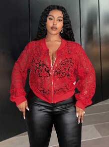 Slaydiva 日常休闲优雅紧身纯红色长袖透明蕾丝夹克，短款拉链大码女士，春秋季 - 紅色 - 查看 8