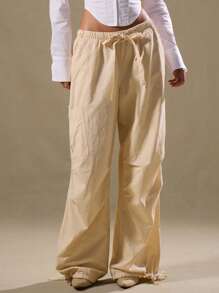 MUSERA 抽绳工装裤 度假风 优雅休闲 可爱夏季 - 卡其色 - 查看 2