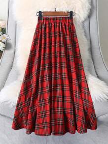 Women's Elastic Waist Plaid Printed Long Loose Casual Skirt