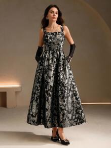 Anewsta Women's Black Embroidered Backless Spaghetti Strap Maxi A-Line Dress, - Black - View 5