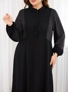 Al Najma 大码女式纯色简约阿拉伯风格连衣裙，休闲朴素长袖阿巴雅阿拉伯连衣裙，适合日常休闲 - 黑色 - 查看 4