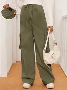 SHEIN Adjustable Waist Maternity Casual Pants With Pockets, Solid Color Wide Leg Loose Style