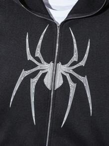 Tween Boy Casual Spiderweb Graphic Zip Front Hoodie And Elastic Waist Pants Set, Suitable For Autumn, Spring, Winter, Fits For Outdoor Play, School, Street Fashion, Party, And Leisure Wear