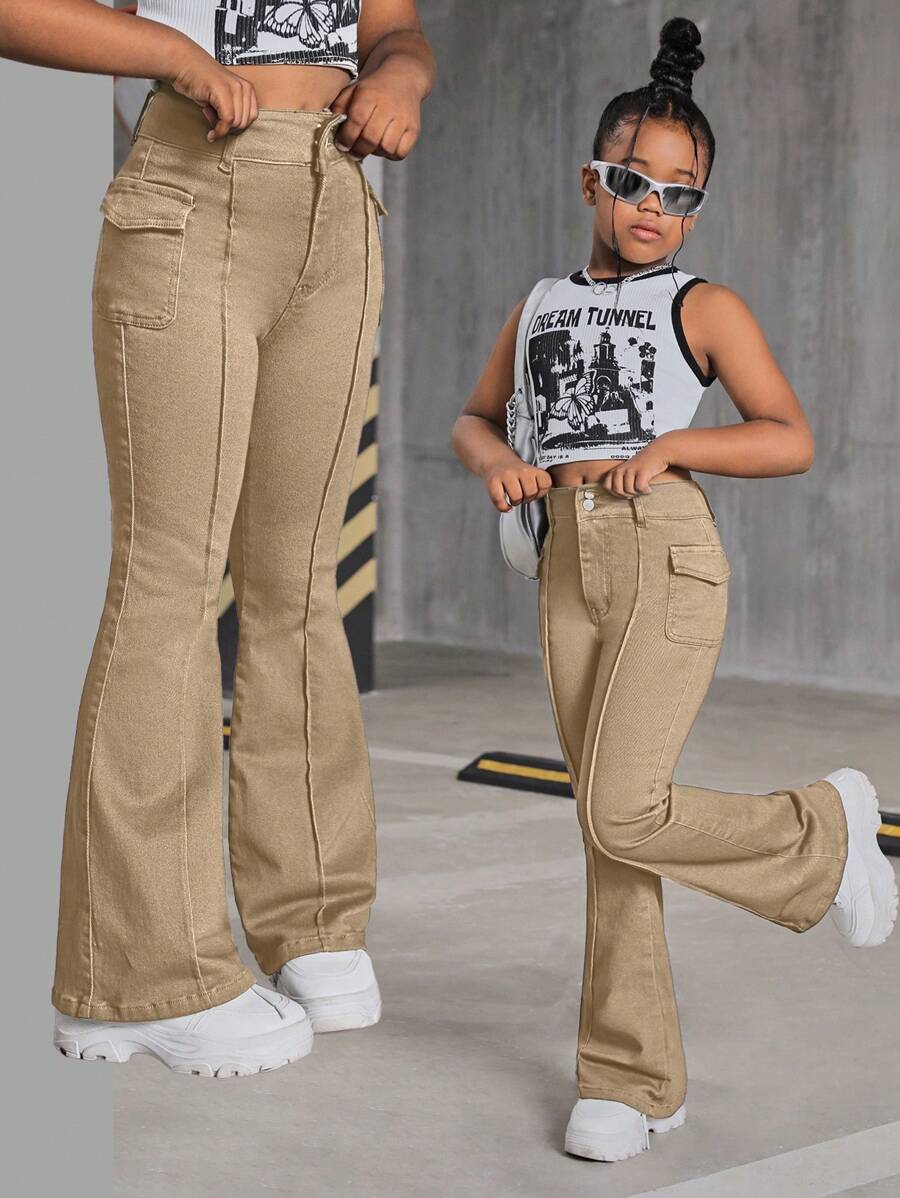 SHEIN Tween Girl Y2K Fashion Retro Style Flap Detail Seam Detail Denim Flare Leg Jeans , Fall Clothes Back To School - Army Green - View 1