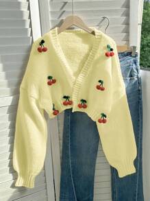 SHEIN Unity 女款樱桃图案落肩休闲开衫，秋冬款 - 黃色 - 查看 3