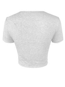 INAWLY Women Letter Print Round Neck Short Sleeve Cropped Fitted Casual T-Shirt Graphic Tees Women Tops - Light Grey - View 6