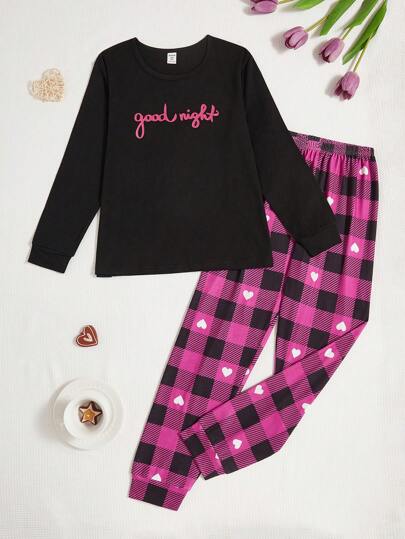 Tween-Mädchen Pyjama-Set mit Rundhalsausschnitt und englischem Aufdruck Good Night und langen Hosen mit Karomuster und Herzmuster, süßes, lässiges, superweiches Material aus Milchseide