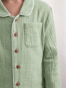 Cozy Pixies Bộ đồ ngủ gồm 2 chiếc áo len cardigan dài tay cổ viền tương phản cho bé trai và quần dài - màu xanh lá - Xem 6