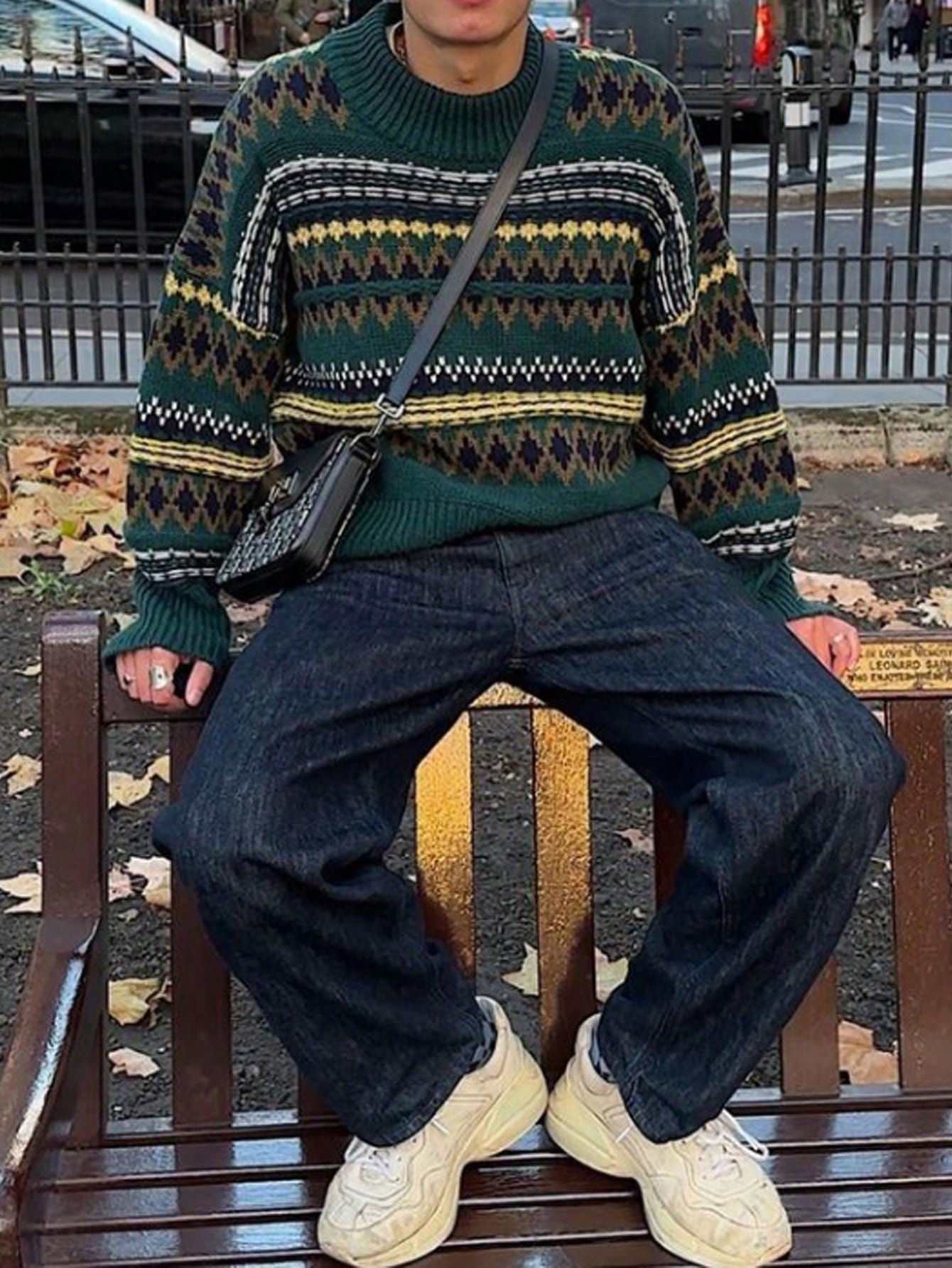 Manfinity Dauomo Men's Casual Geometric Pattern Loose Knit Sweater, Autumn/Winter