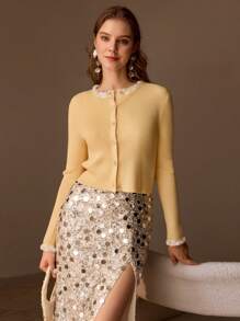 MOTF PREMIUM CONTRAST FAUX PEARL AND SEQUIN TRIM RHINESTONE BUTTON PLACKET RIBBED KNIT CARDIGAN - Yellow - View 2