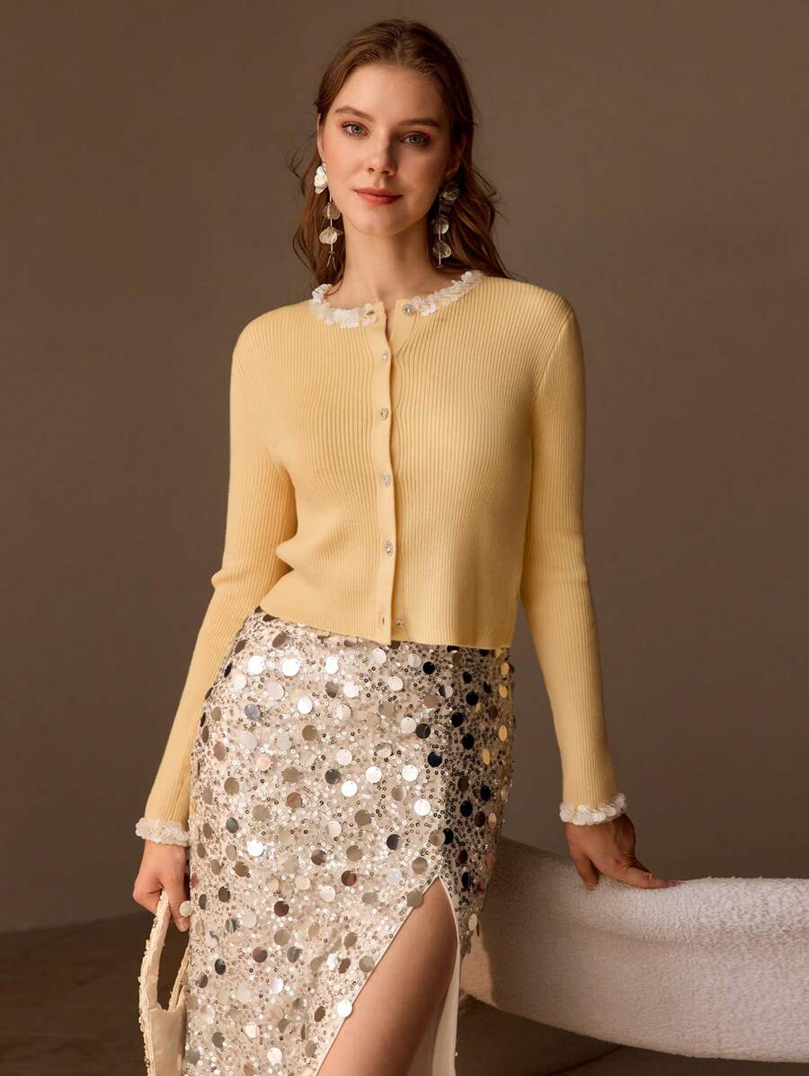 MOTF PREMIUM CONTRAST FAUX PEARL AND SEQUIN TRIM RHINESTONE BUTTON PLACKET RIBBED KNIT CARDIGAN