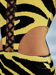 JIAN LASALA Vestido maxi casual de mujer en color amarillo mantequilla con cuello redondo, sin mangas, con bloque de color, estampado de rayas de cebra texturado, abertura en el muslo y espalda descubierta. Vestido de verano, vestido de fiesta, vestido para boda de invitada.