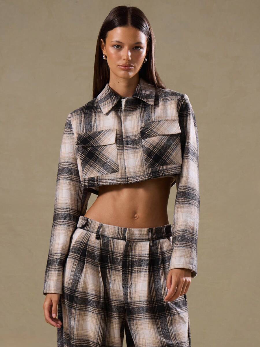 MUSERA Plaid Boxy Cropped Collared Long Sleeve Jacket , Summer Muted Haze Airport Holiday Festival Streetwear Winter - Black and White - View 1