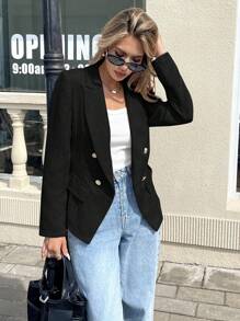 SHEIN Frenchy Áo khoác blazer nữ cổ nhọn hai hàng khuy đơn giản màu trơn, phong cách công sở thu đông - màu đen - Xem 6
