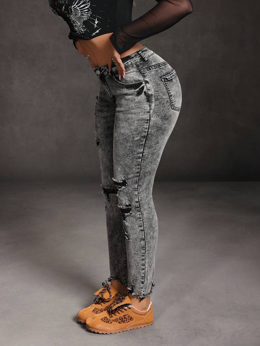 SHEIN SXY Quần Jeans Rách Thường Ngày Túi Nút Phía Trước Cho Nữ - Màu xám đen - Xem 1