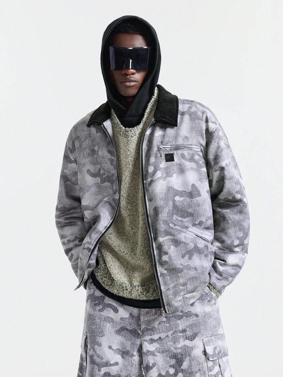 Men's Grey Camo Winter Streetwear Hike Patchwork Style Corduroy Collar Padded Coat,Colorful Rapper Quilted Hip Hop Jacket,Gifts For Husband Boyfriend