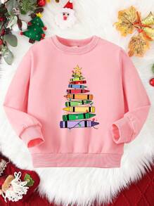 Young Girl' Casual Fashionable Christmas Element Creative Colorful Pencil Christmas Tree Pattern Pullover Sweatshirt