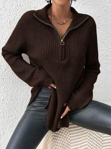 SHEIN Frenchy Half Zip Ribbed Knit Drop Shoulder Split Hem Grain Sweater - Chocolate Brown - View 3