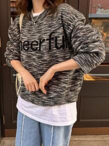 FRIFUL Women Casual Mixed Fiber Letter Pattern Loose Pullover Sweater, Autumn/Winter - Multicolor - View 5
