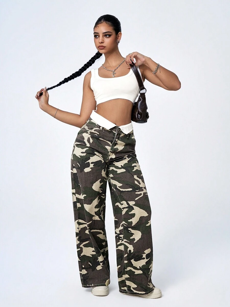 SHEIN ICON Jeanoix Women's Loose Baggy Casual Jeans With Folding Waist Camo Print, Versatile Style