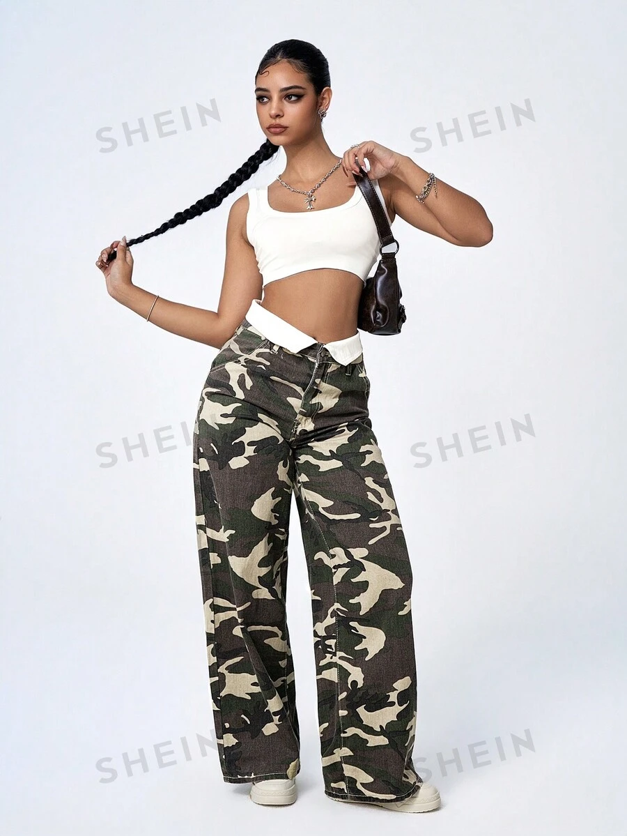 SHEIN ICON Jeans sueltos y holgados de estilo casual con cintura plegable y estampado de camuflaje, estilo versátil, para mujer - Jeanoix
