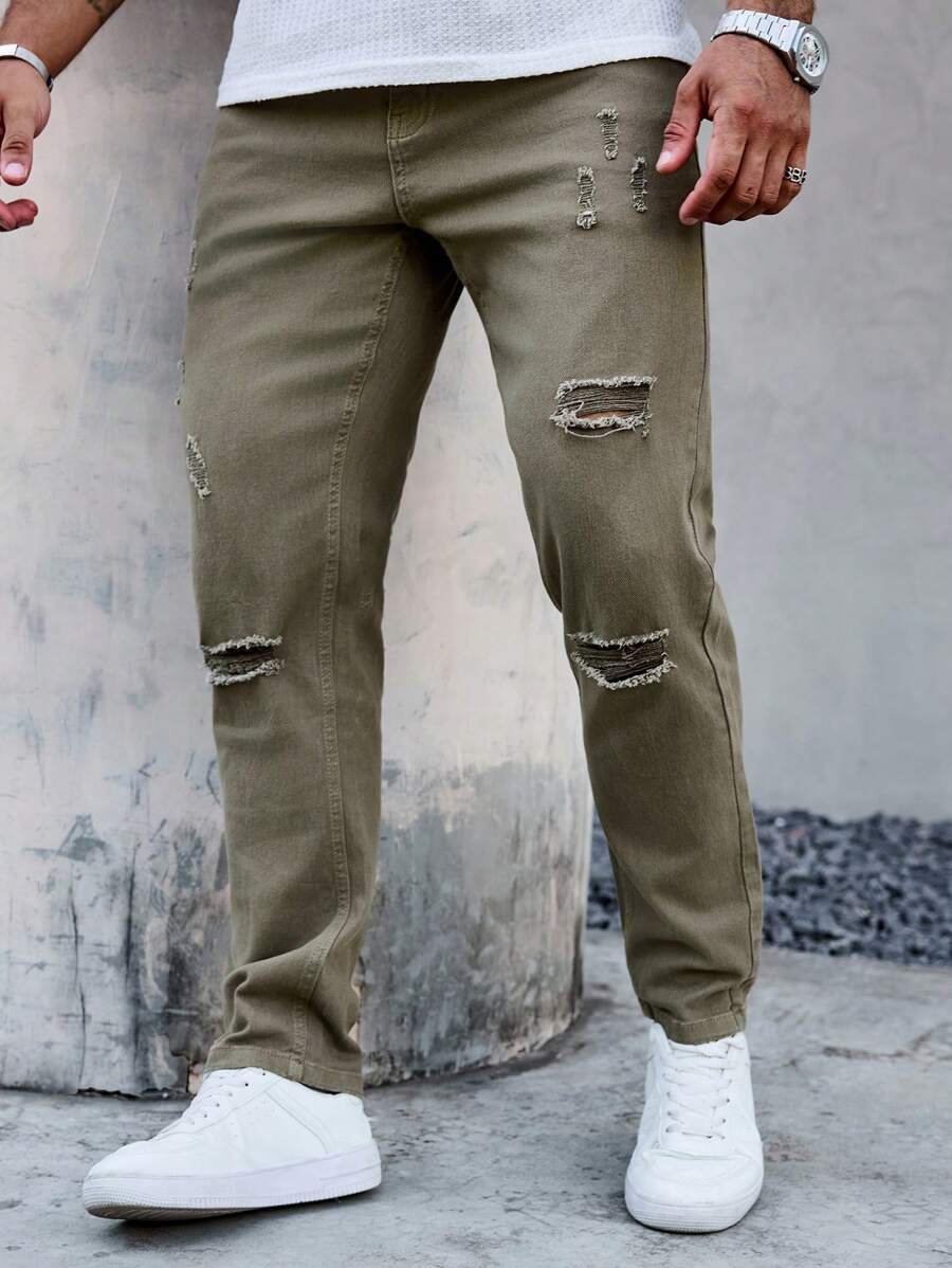 Manfinity Homme Men's Casual Distressed Tapered Fit Jeans - Green - View 1