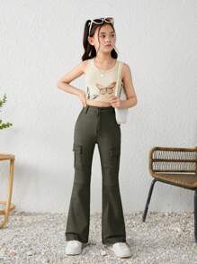 SHEIN 少女Y2K春夏高腰翻盖口袋侧喇叭裤工装牛仔裤，适合女孩夏季音乐会 - 軍綠色 - 查看 4